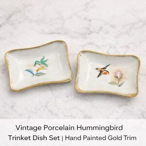 Vintage Porcelain Hummingbird Trinket Dish Set | Hand Painted Gold Trim